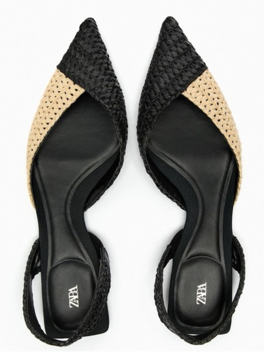 Zara Black and Beige Woven Pointed Toe Slingback Flats